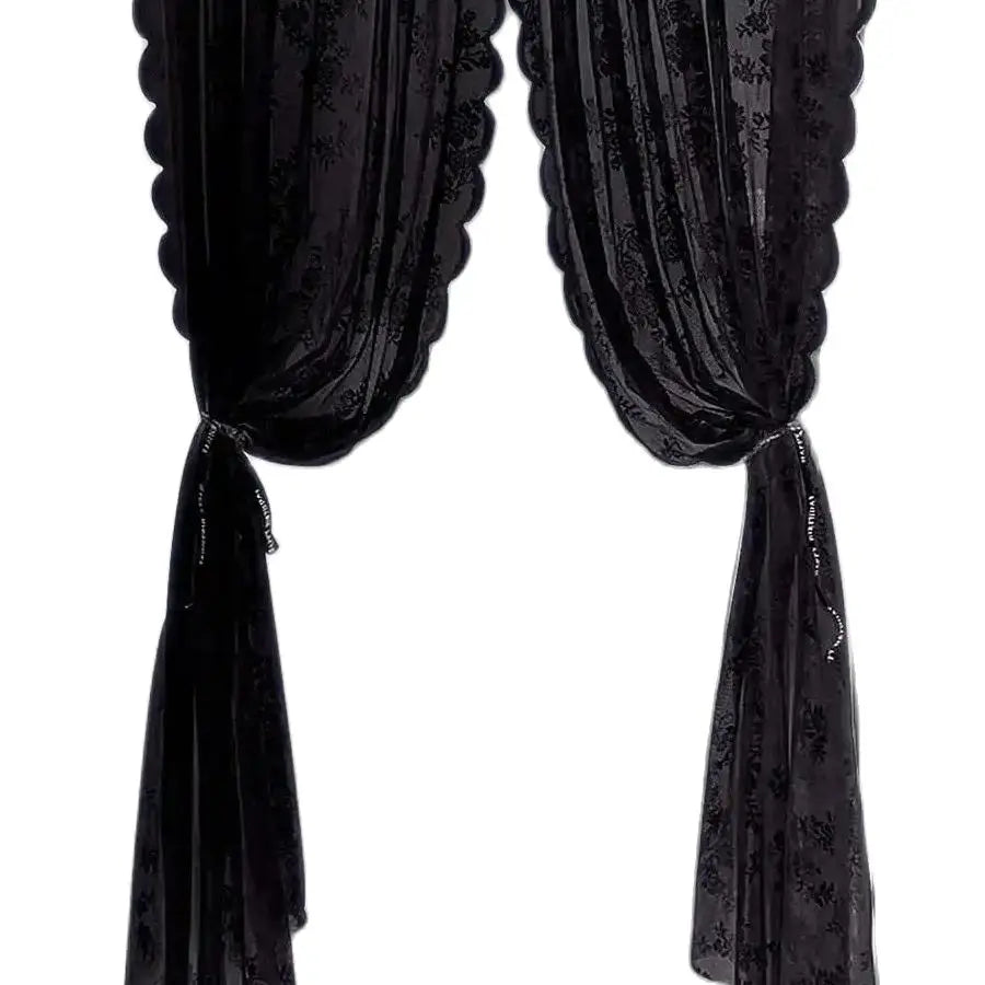 BLACK Floral Lace Sheer Rod Pocket Curtain Panel